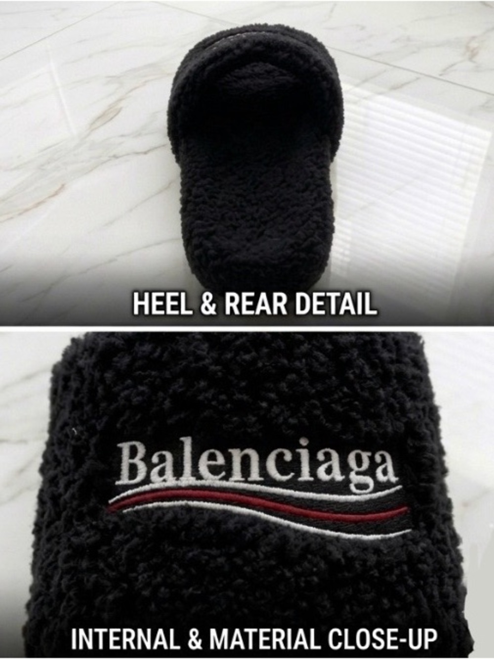 Balenciaga Black Fuzzy Slide Slippers with White & Red Logo - Picture 3 of 3